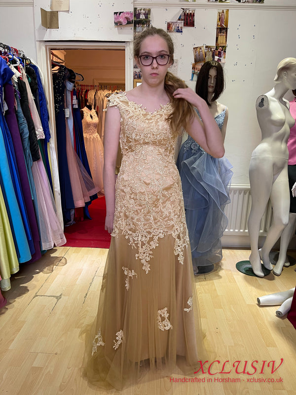 Champagne Lace Tulle Cap-Sleeve Prom Dress – XCLUSIV Horsham (view 2)