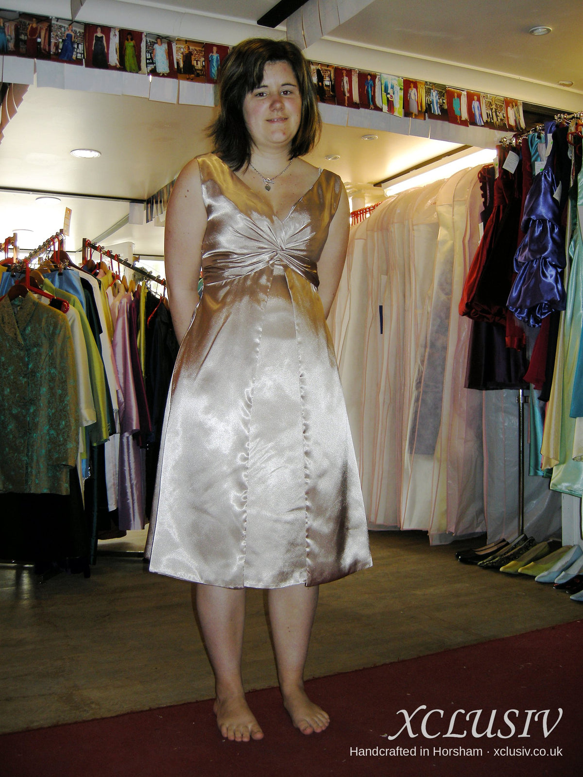 Champagne Satin Knee-Length Bridesmaid Dress with Twist Bust – XCLUSIV Horsham