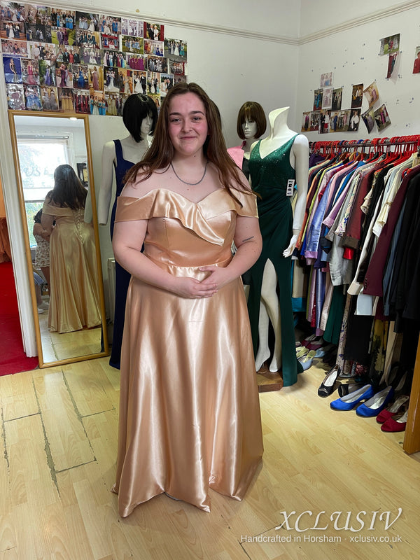 Champagne Satin Off-Shoulder Ruffle Bridesmaid Dress – XCLUSIV Horsham (view 2)