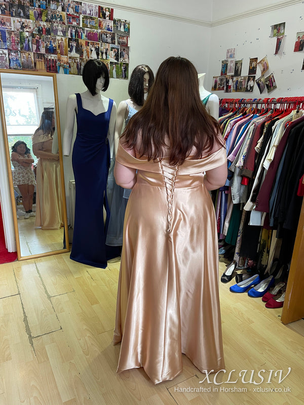 Champagne Satin Off-Shoulder Ruffle Bridesmaid Dress – XCLUSIV Horsham (view 3)