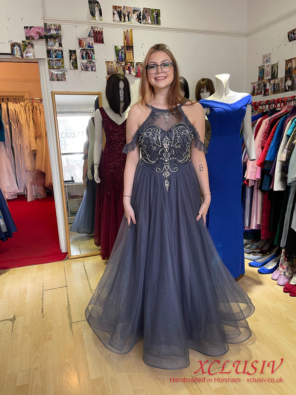 Charcoal Tulle Beaded Halter Prom Dress – XCLUSIV Horsham (view 5)