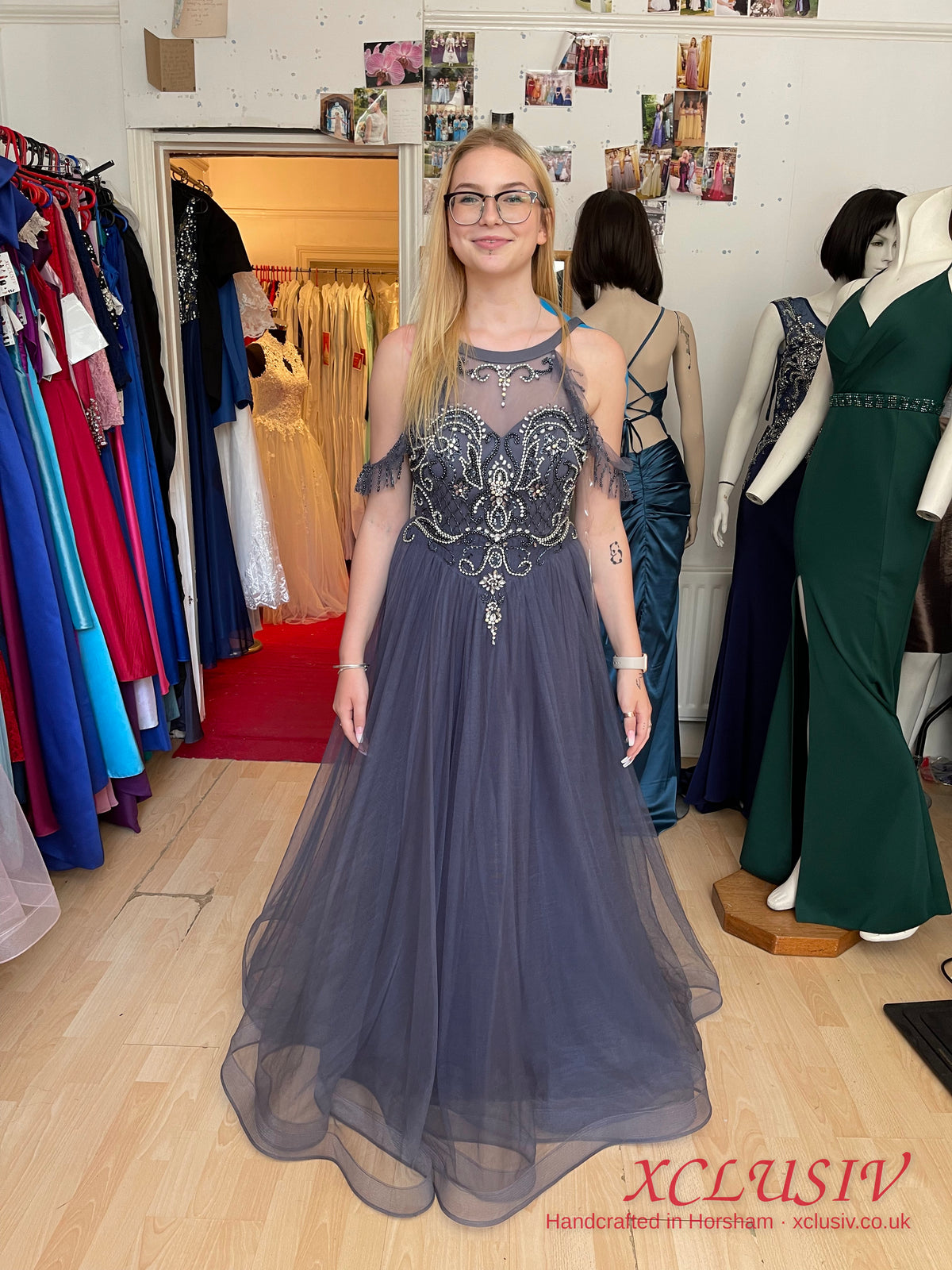 Charcoal Tulle Beaded Halter Prom Dress – XCLUSIV Horsham (view 8)