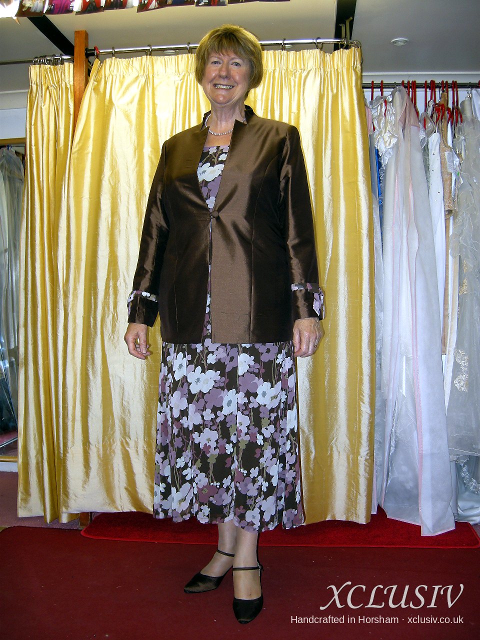 Chocolate Silk Jacket & Purple Floral Dress – Mother of the Bride – XCLUSIV Horsham