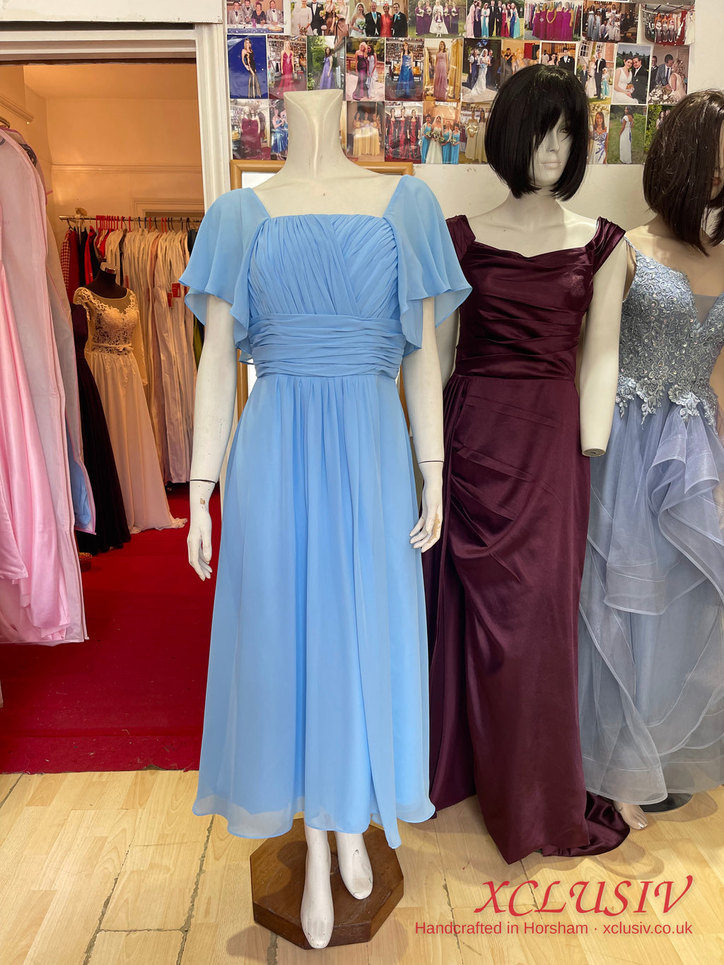 Cornflower Blue Chiffon Cape-Sleeve Tea-Length Dress – Mother of the Bride – XCLUSIV Horsham