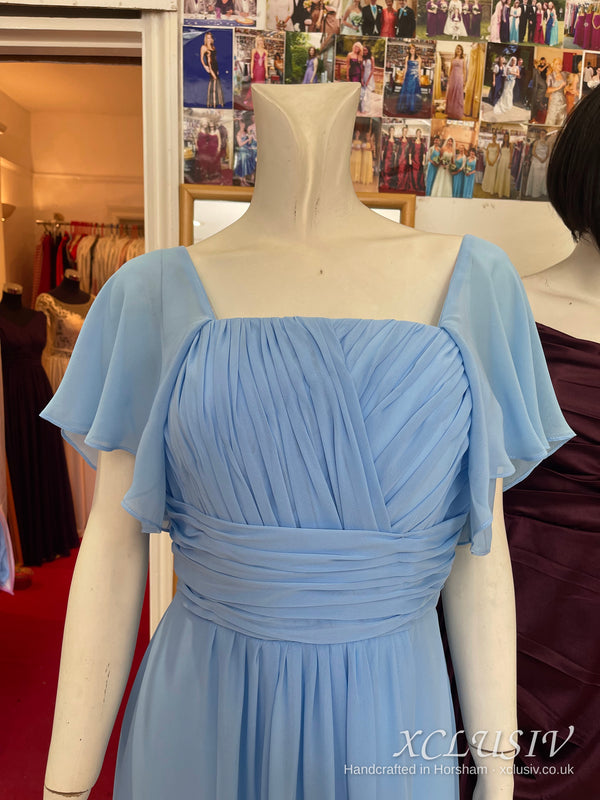 Cornflower Blue Chiffon Cape-Sleeve Tea-Length Dress – Mother of the Bride – XCLUSIV Horsham (view 2)