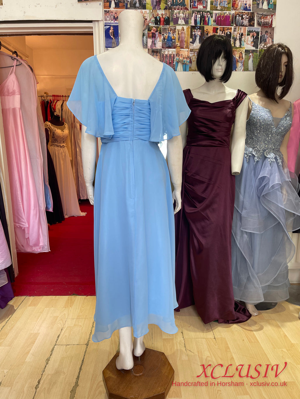 Cornflower Blue Chiffon Cape-Sleeve Tea-Length Dress – Mother of the Bride – XCLUSIV Horsham (view 3)