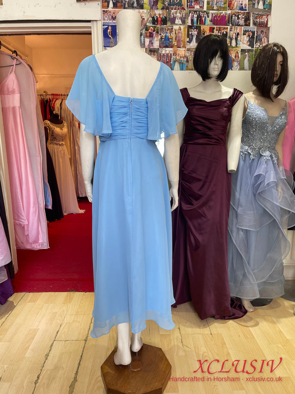 Cornflower Blue Chiffon Cape-Sleeve Tea-Length Dress – Mother of the Bride – XCLUSIV Horsham (view 3)