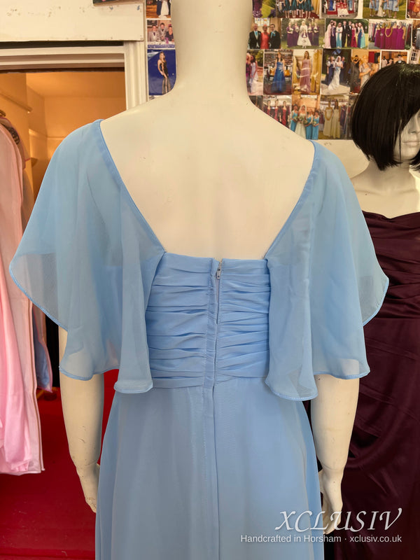 Cornflower Blue Chiffon Cape-Sleeve Tea-Length Dress – Mother of the Bride – XCLUSIV Horsham (view 4)