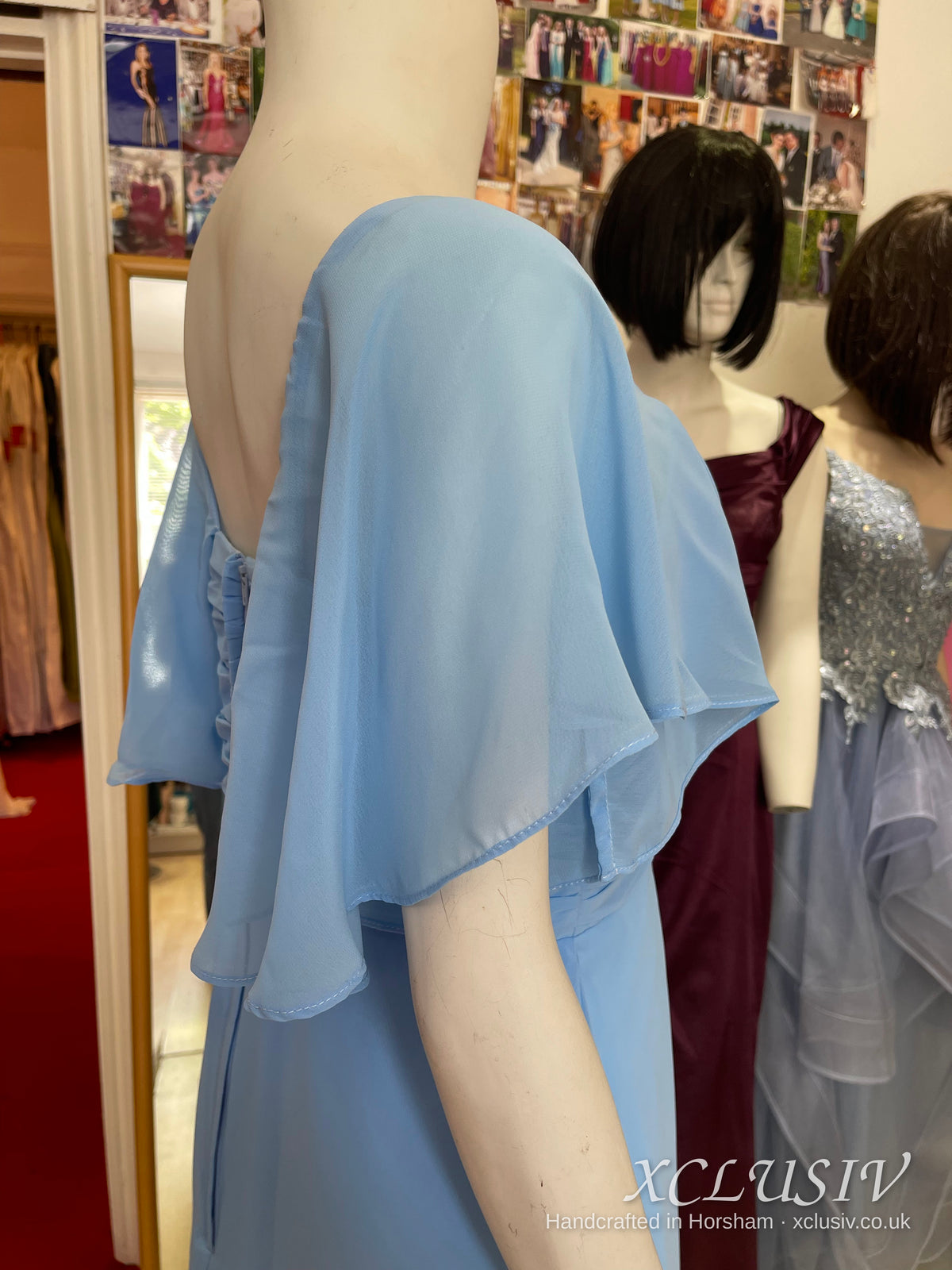 Cornflower Blue Chiffon Cape-Sleeve Tea-Length Dress – Mother of the Bride – XCLUSIV Horsham (view 5)