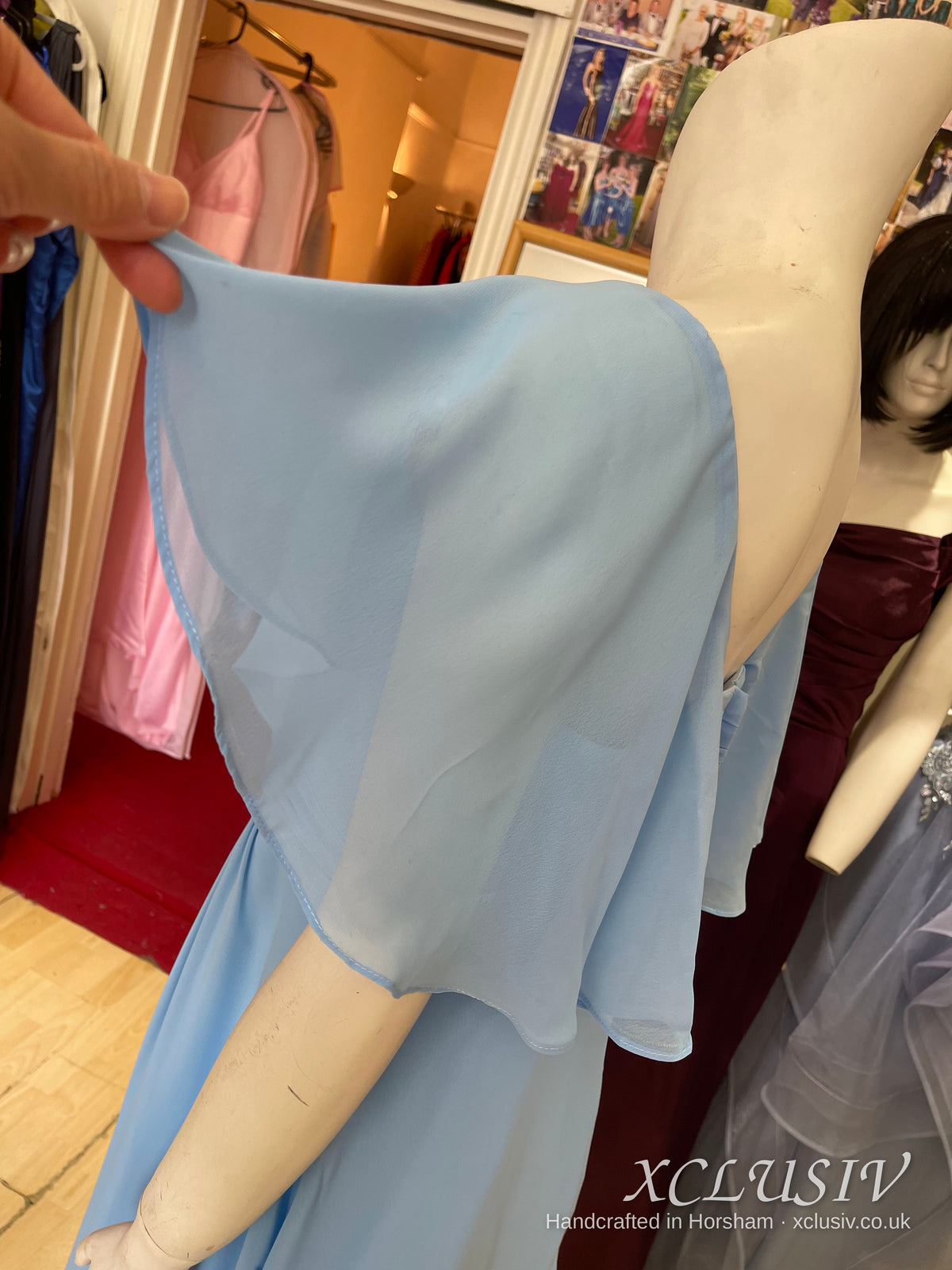 Cornflower Blue Chiffon Cape-Sleeve Tea-Length Dress – Mother of the Bride – XCLUSIV Horsham (view 6)