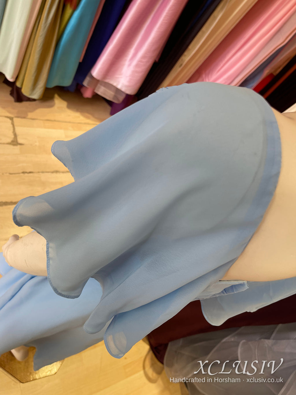 Cornflower Blue Chiffon Cape-Sleeve Tea-Length Dress – Mother of the Bride – XCLUSIV Horsham (view 7)