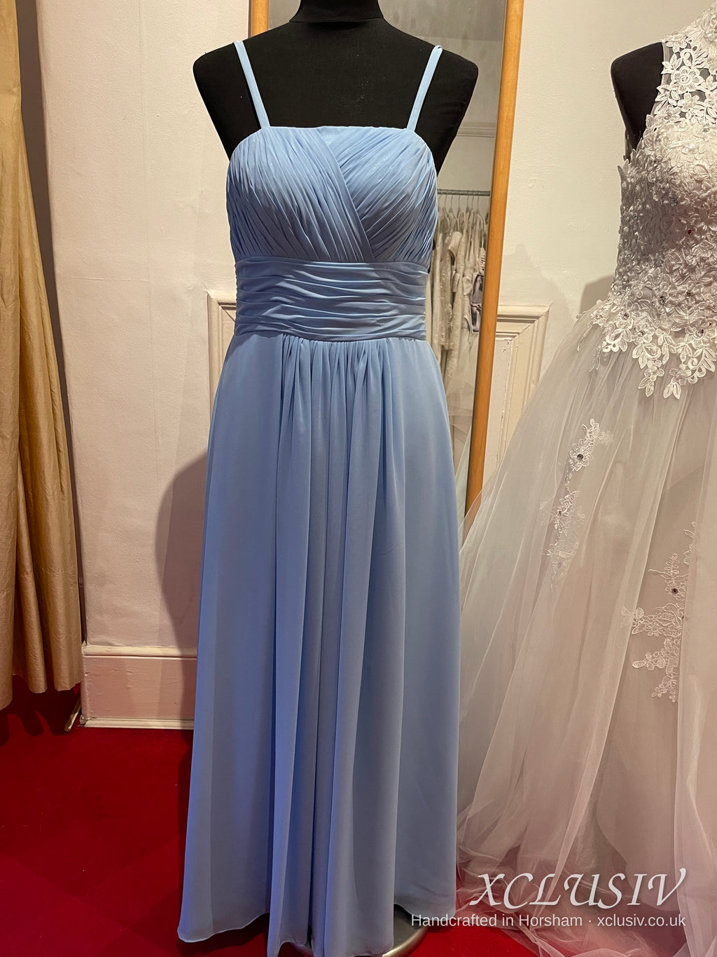 Cornflower Blue Chiffon Ruched Bodice Bridesmaid Dress – XCLUSIV Horsham