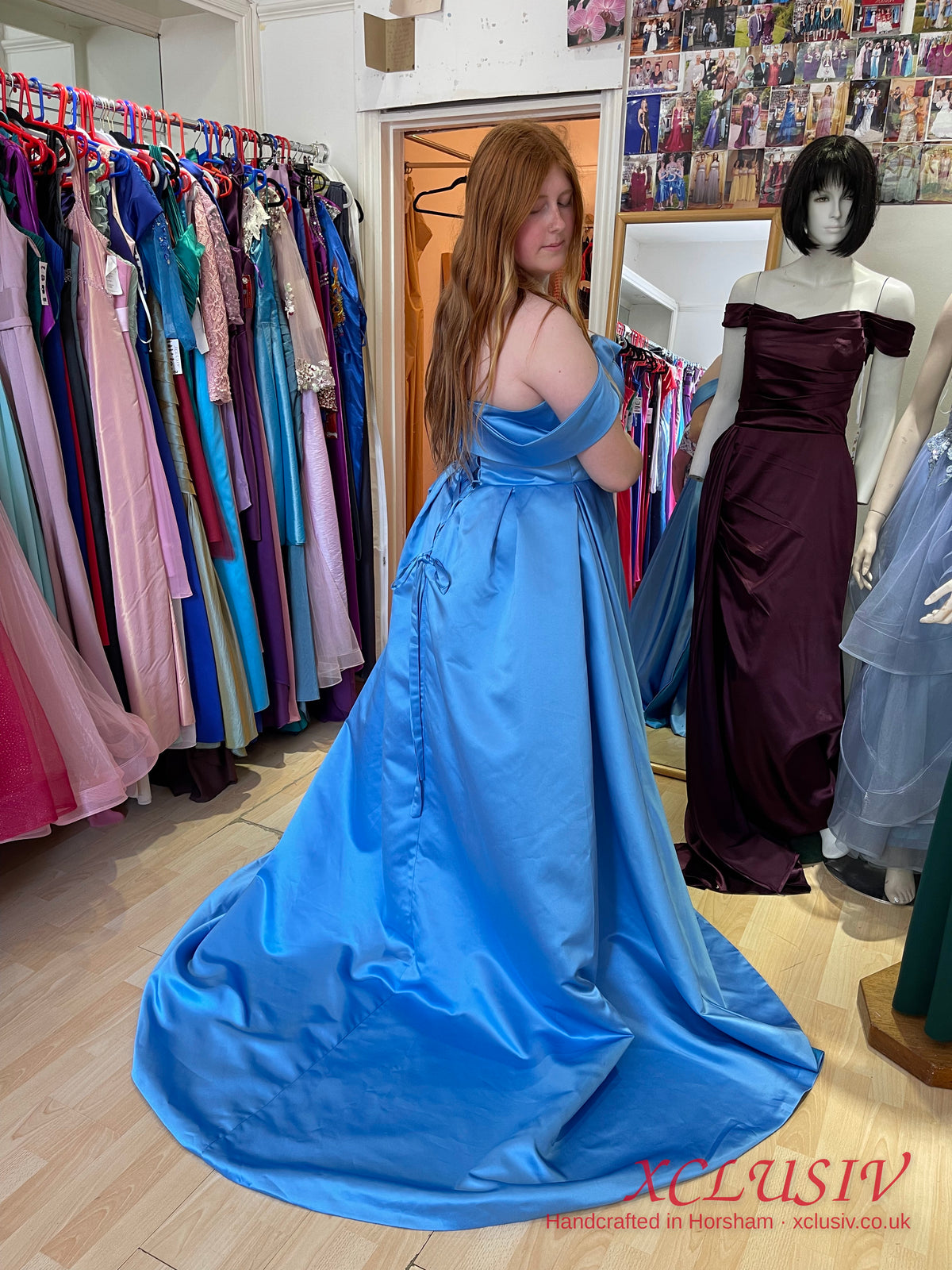 Cornflower Blue Satin Off-Shoulder Ball Gown Train Prom Dress – XCLUSIV Horsham