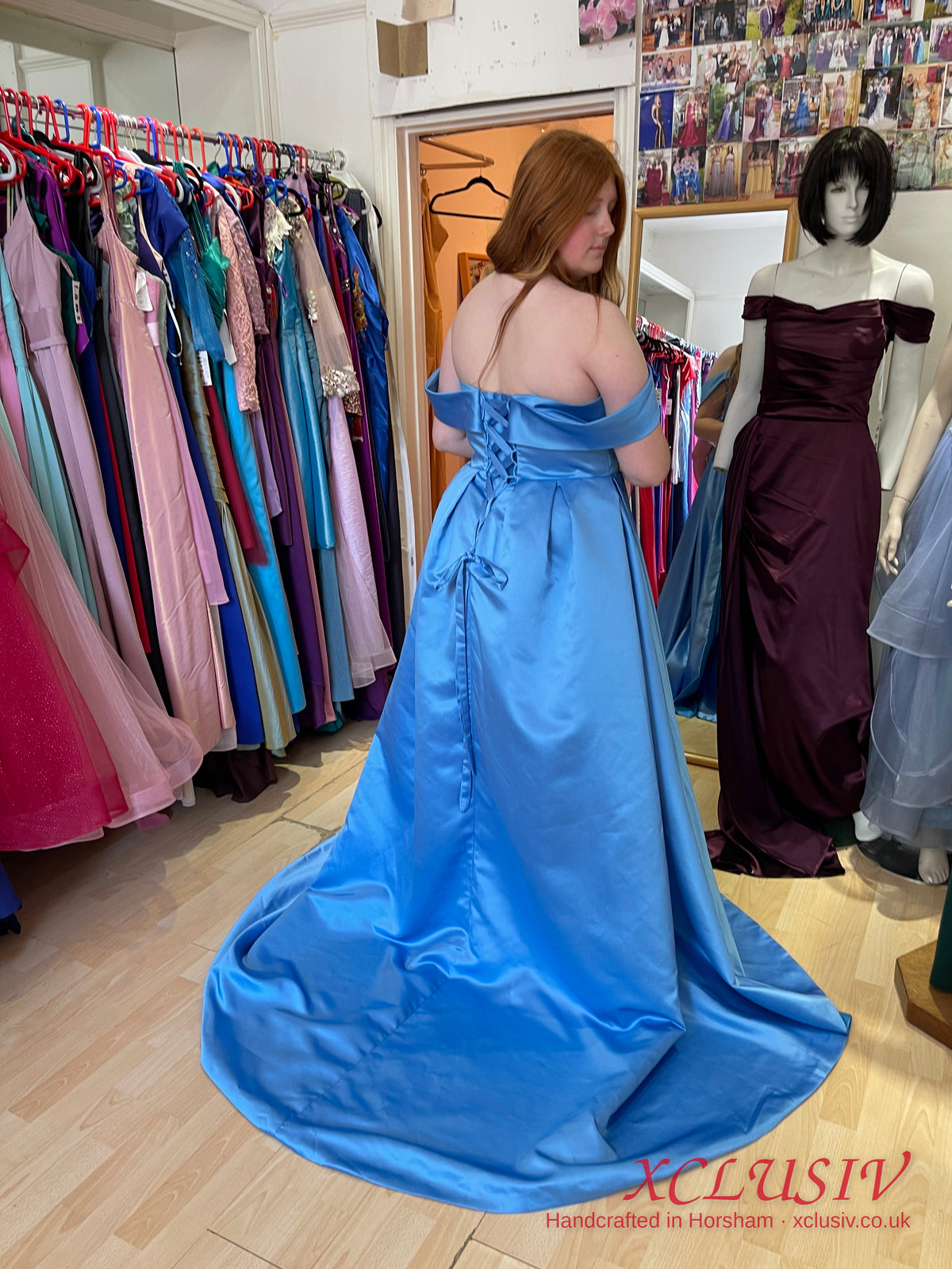 Cornflower Blue Satin Off-Shoulder Ball Gown Train Prom Dress – XCLUSIV Horsham (view 2)