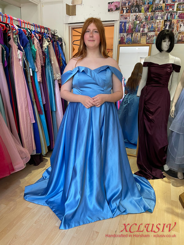 Cornflower Blue Satin Off-Shoulder Ball Gown Train Prom Dress – XCLUSIV Horsham (view 3)