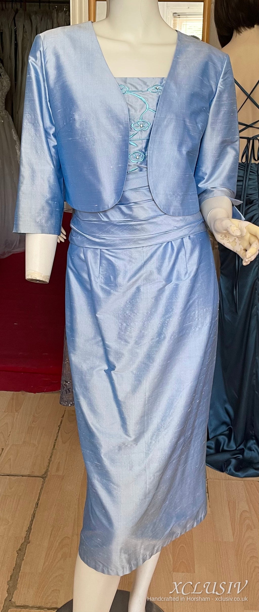 Cornflower Blue Embroidered Silk Dress & Bolero – Mother of the Bride – XCLUSIV Horsham (view 9)