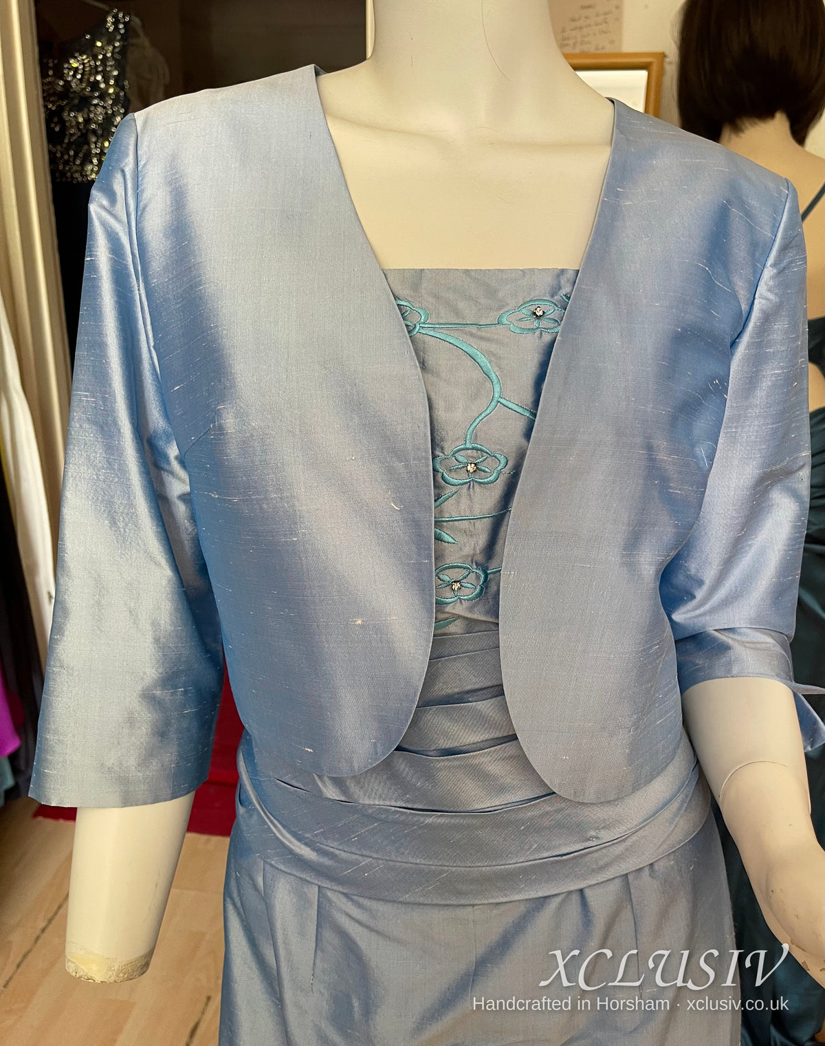 Cornflower Blue Embroidered Silk Dress & Bolero – Mother of the Bride – XCLUSIV Horsham (view 10)