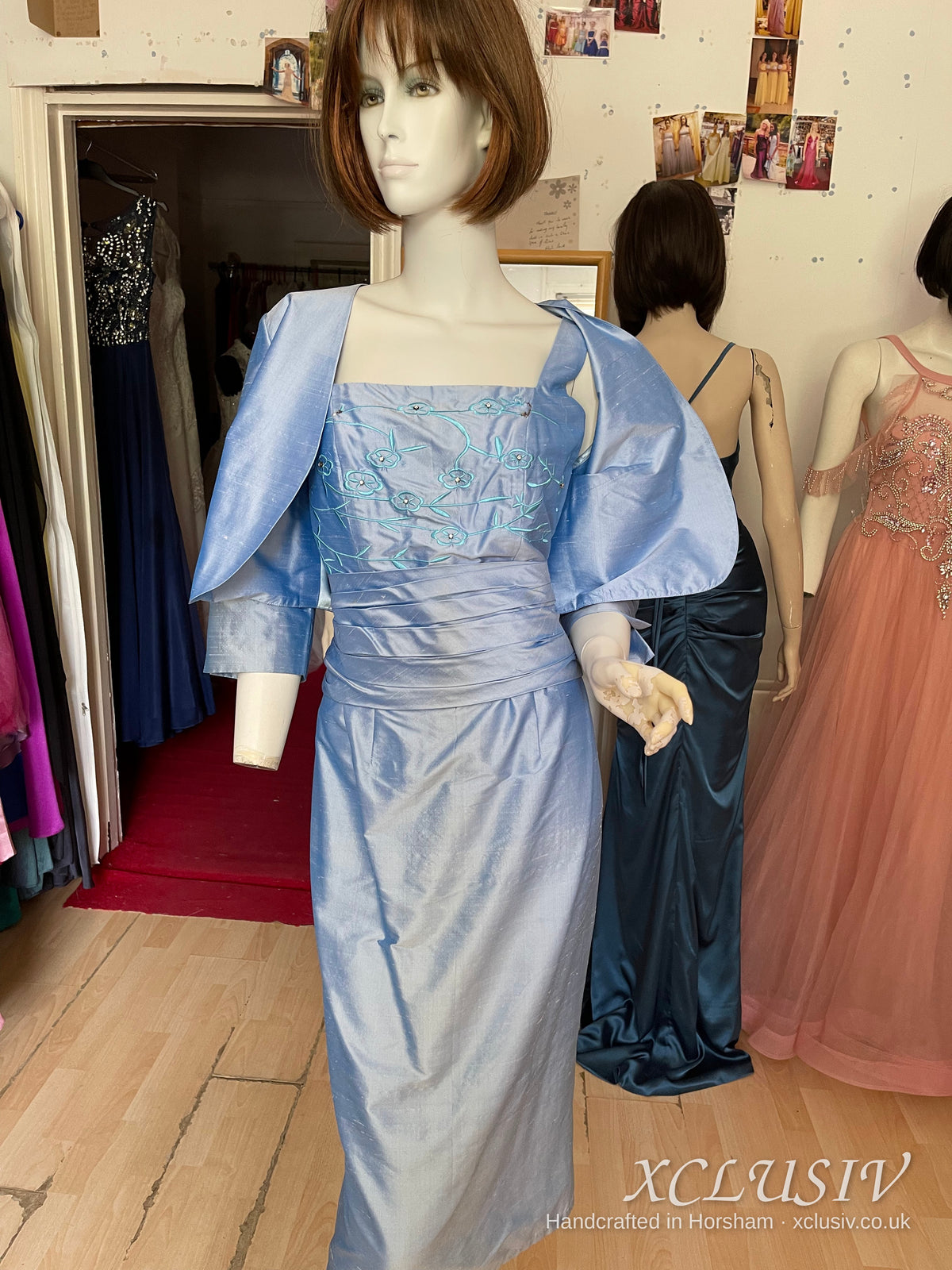 Cornflower Blue Embroidered Silk Dress & Bolero – Mother of the Bride – XCLUSIV Horsham (view 11)
