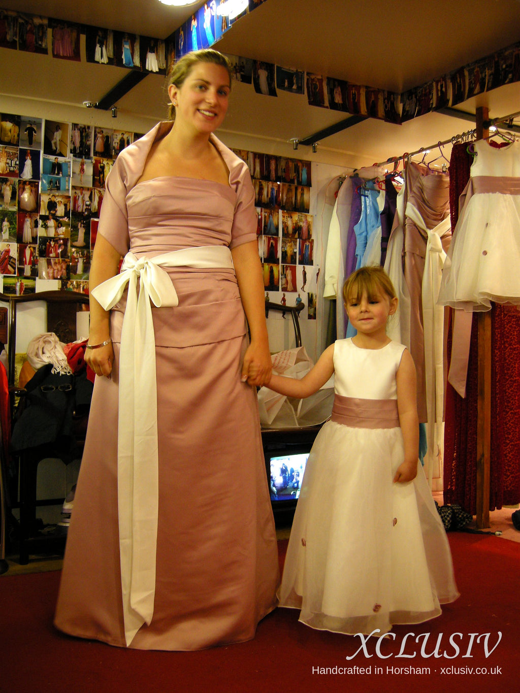 Dusky Pink Satin Bridesmaid Dress with Ivory Sash & Bolero – XCLUSIV Horsham