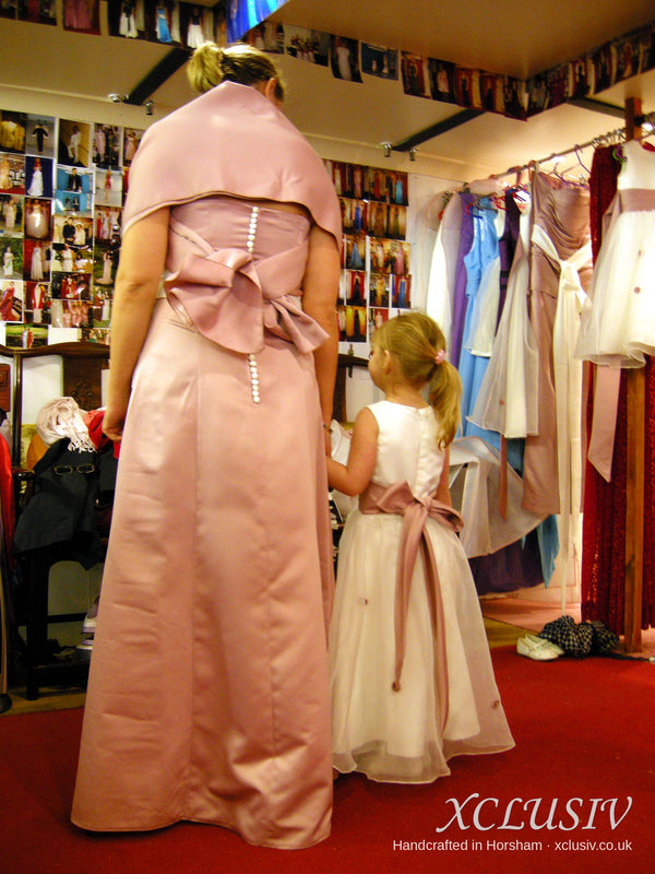 Dusky Pink Satin Bridesmaid Dress with Ivory Sash & Bolero – XCLUSIV Horsham (view 2)