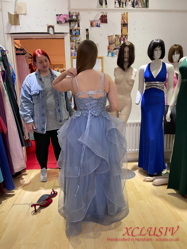 Dusty Blue Lace Ruffle Tulle Ball Gown Prom Dress – XCLUSIV Horsham (view 4)