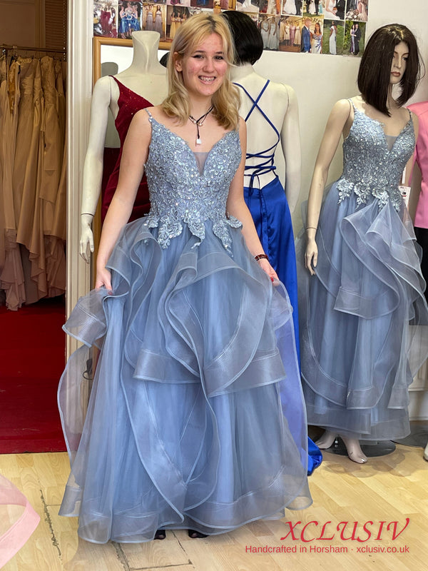 Dusty Blue Lace Ruffle Tulle Ball Gown Prom Dress – XCLUSIV Horsham (view 7)