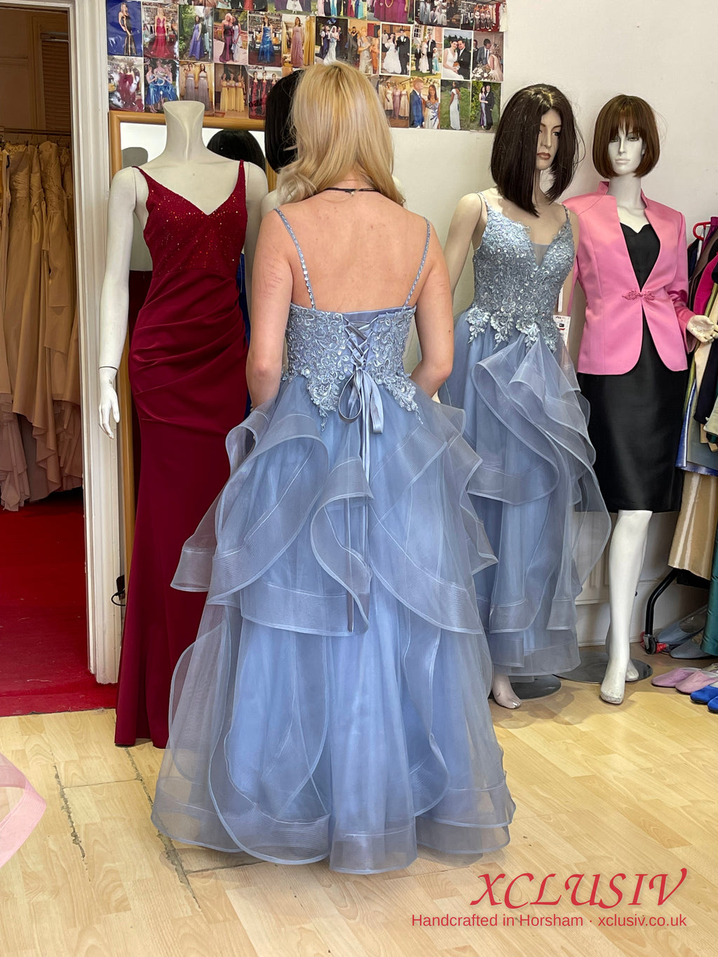 Dusty Blue Lace Ruffle Tulle Ball Gown Prom Dress – XCLUSIV Horsham (view 8)