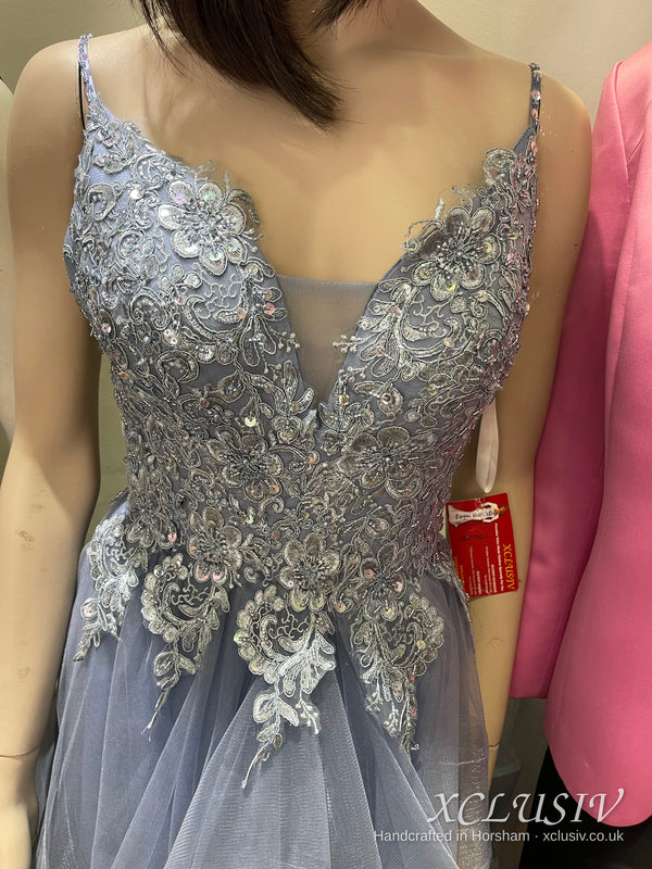 Dusty Blue Lace Ruffle Tulle Ball Gown Prom Dress – XCLUSIV Horsham (view 9)