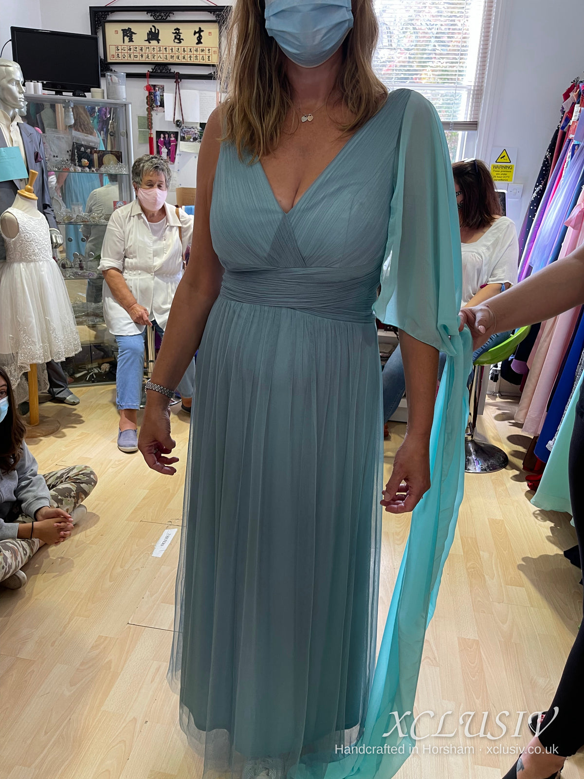 Dusty Blue Tulle Cape-Sleeve Bridesmaid Dress – XCLUSIV Horsham