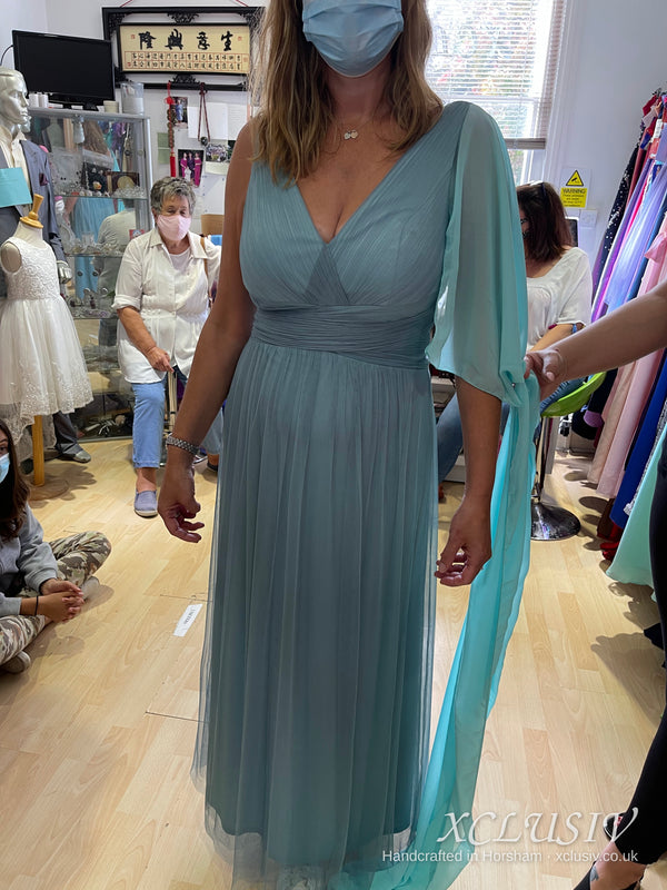 Dusty Blue Tulle Cape-Sleeve Bridesmaid Dress – XCLUSIV Horsham