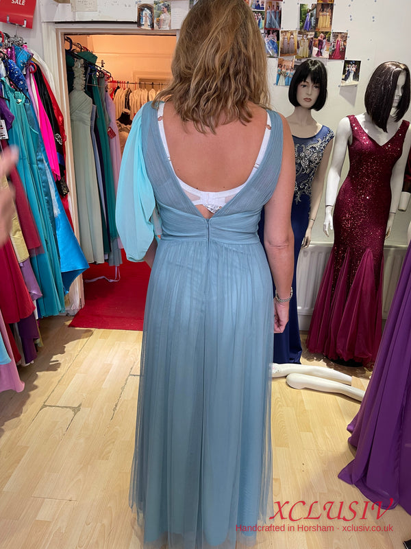 Dusty Blue Tulle Cape-Sleeve Bridesmaid Dress – XCLUSIV Horsham (view 2)