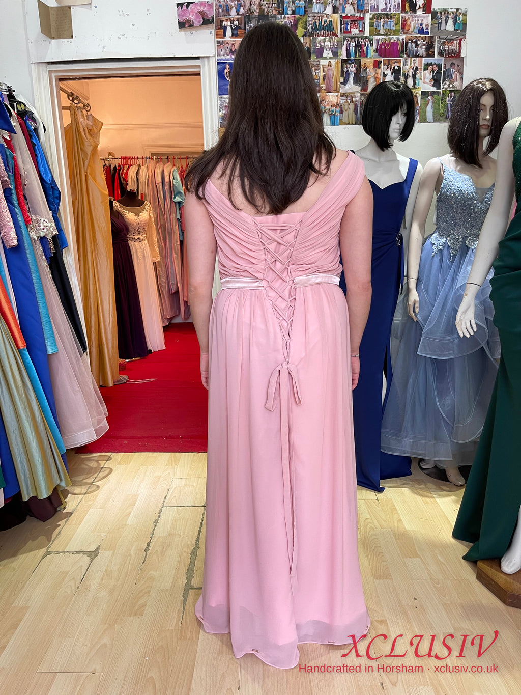 Dusty Pink Chiffon Bardot Lace-Up Back Bridesmaid Dress – XCLUSIV Horsham