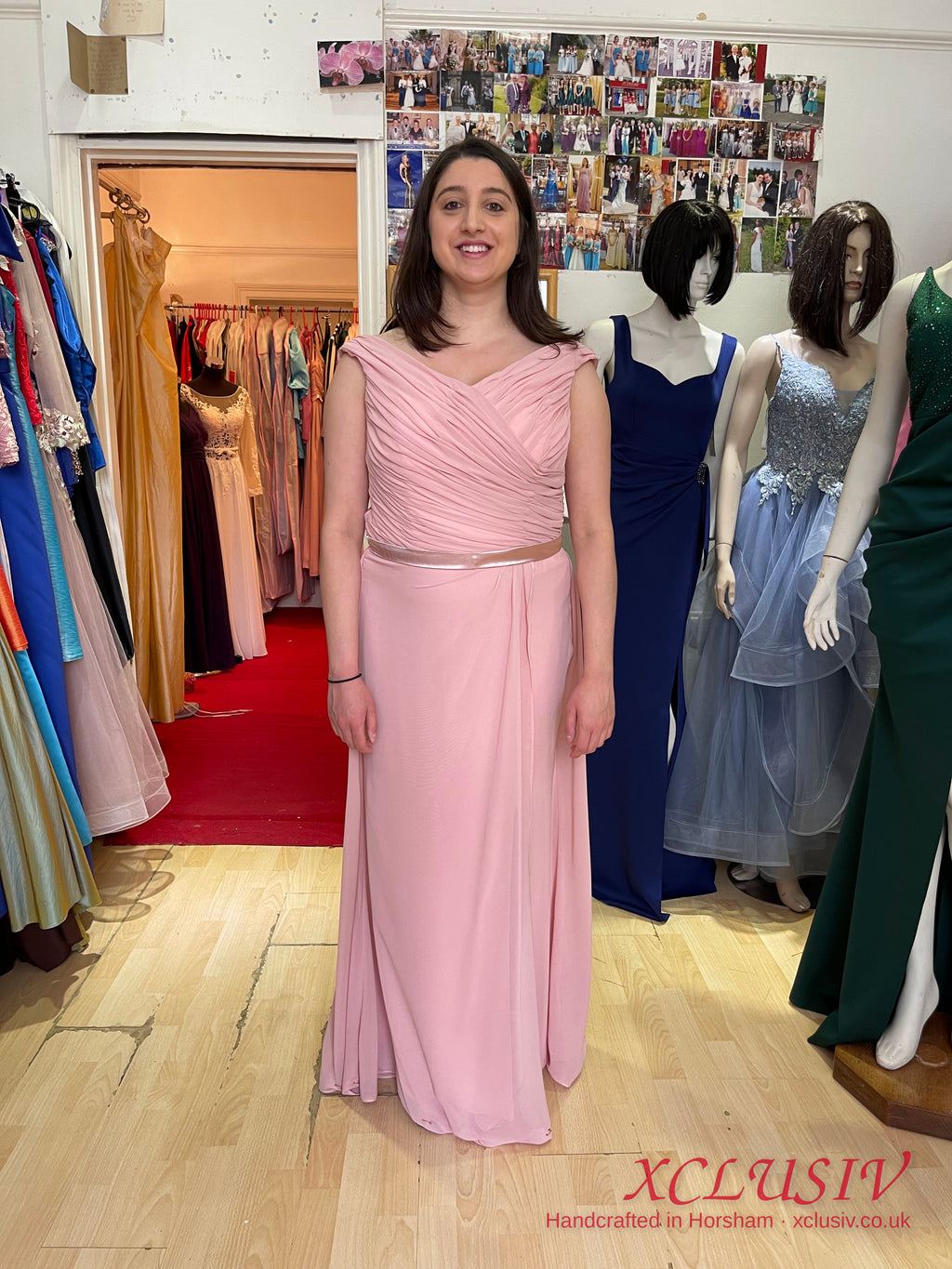 Dusty Pink Chiffon Bardot Lace-Up Back Bridesmaid Dress – XCLUSIV Horsham (view 2)