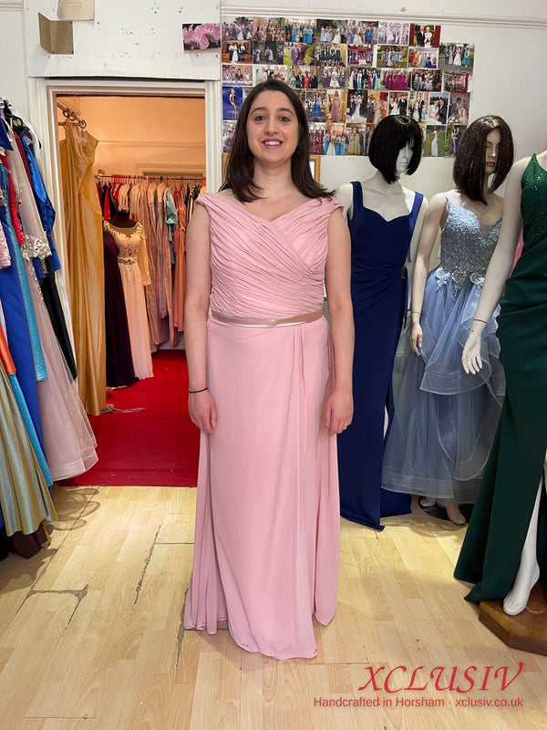 Dusty Pink Chiffon Bardot Lace-Up Back Bridesmaid Dress – XCLUSIV Horsham (view 2)