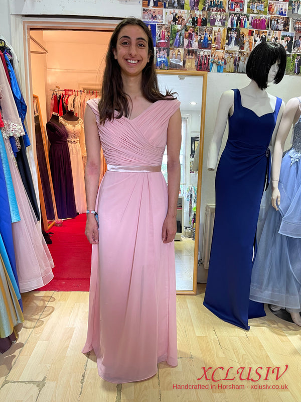 Dusty Pink Chiffon Bardot Lace-Up Back Bridesmaid Dress – XCLUSIV Horsham (view 3)