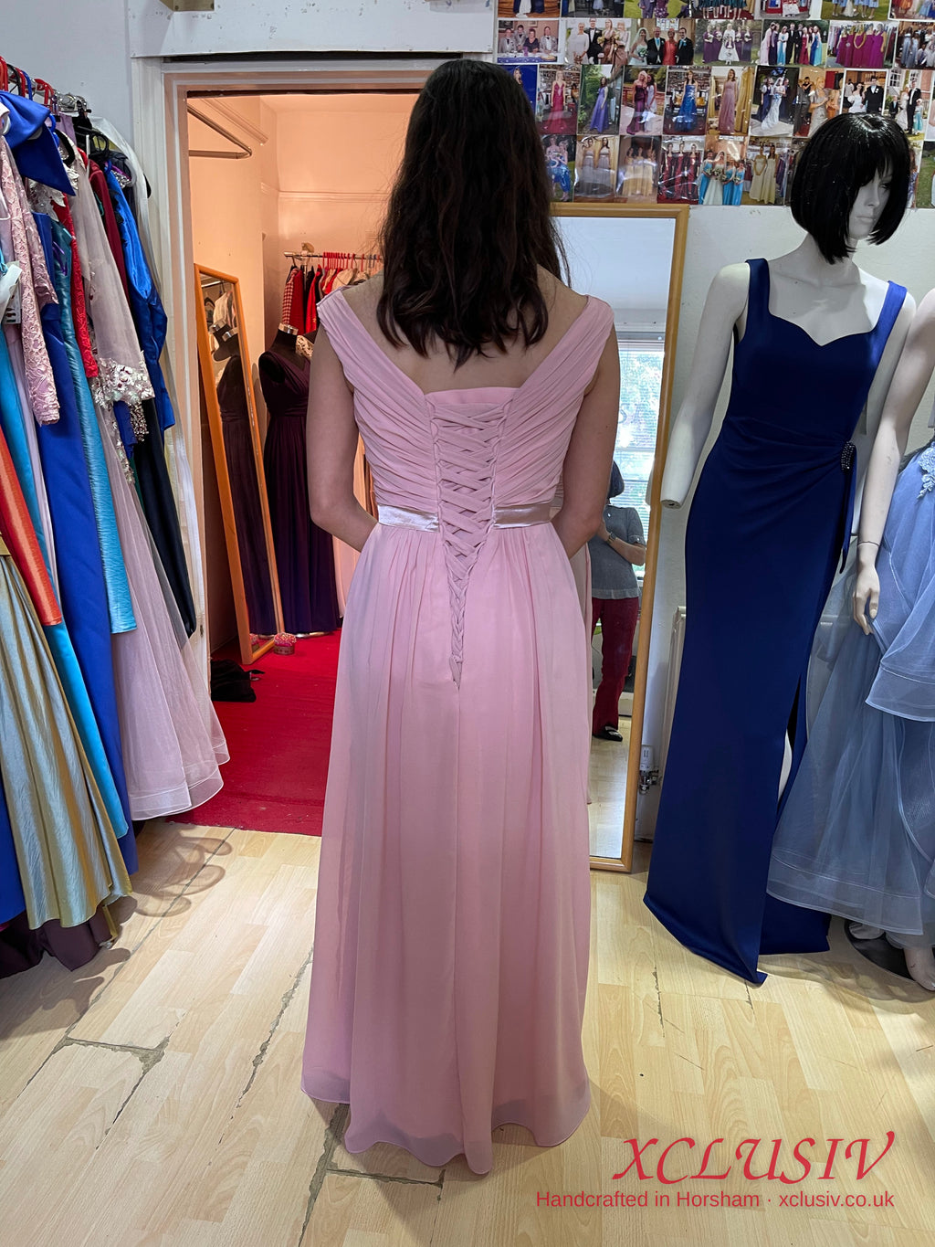 Dusty Pink Chiffon Bardot Lace-Up Back Bridesmaid Dress – XCLUSIV Horsham (view 4)