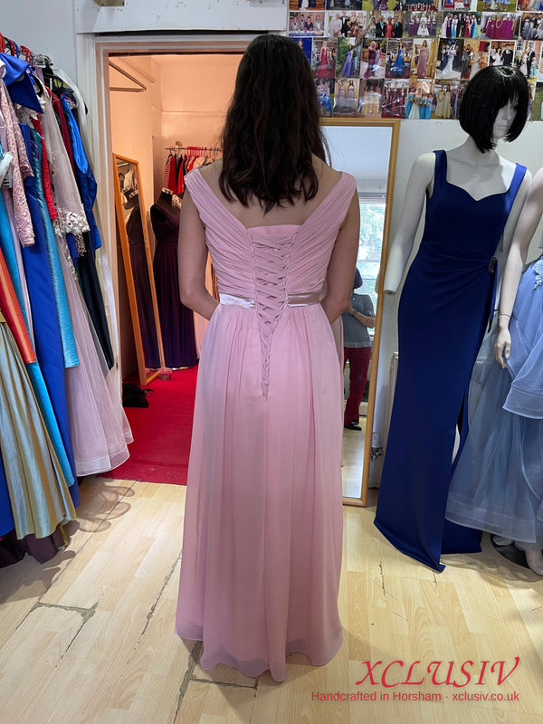 Dusty Pink Chiffon Bardot Lace-Up Back Bridesmaid Dress – XCLUSIV Horsham (view 4)