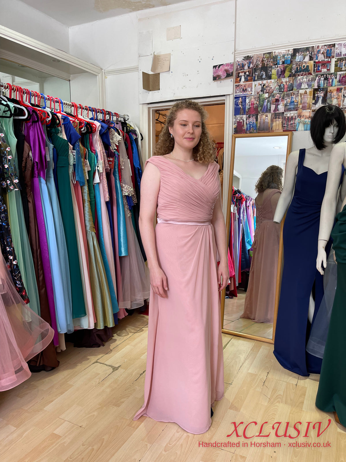 Dusty Pink Chiffon Bardot Lace-Up Back Bridesmaid Dress – XCLUSIV Horsham (view 5)