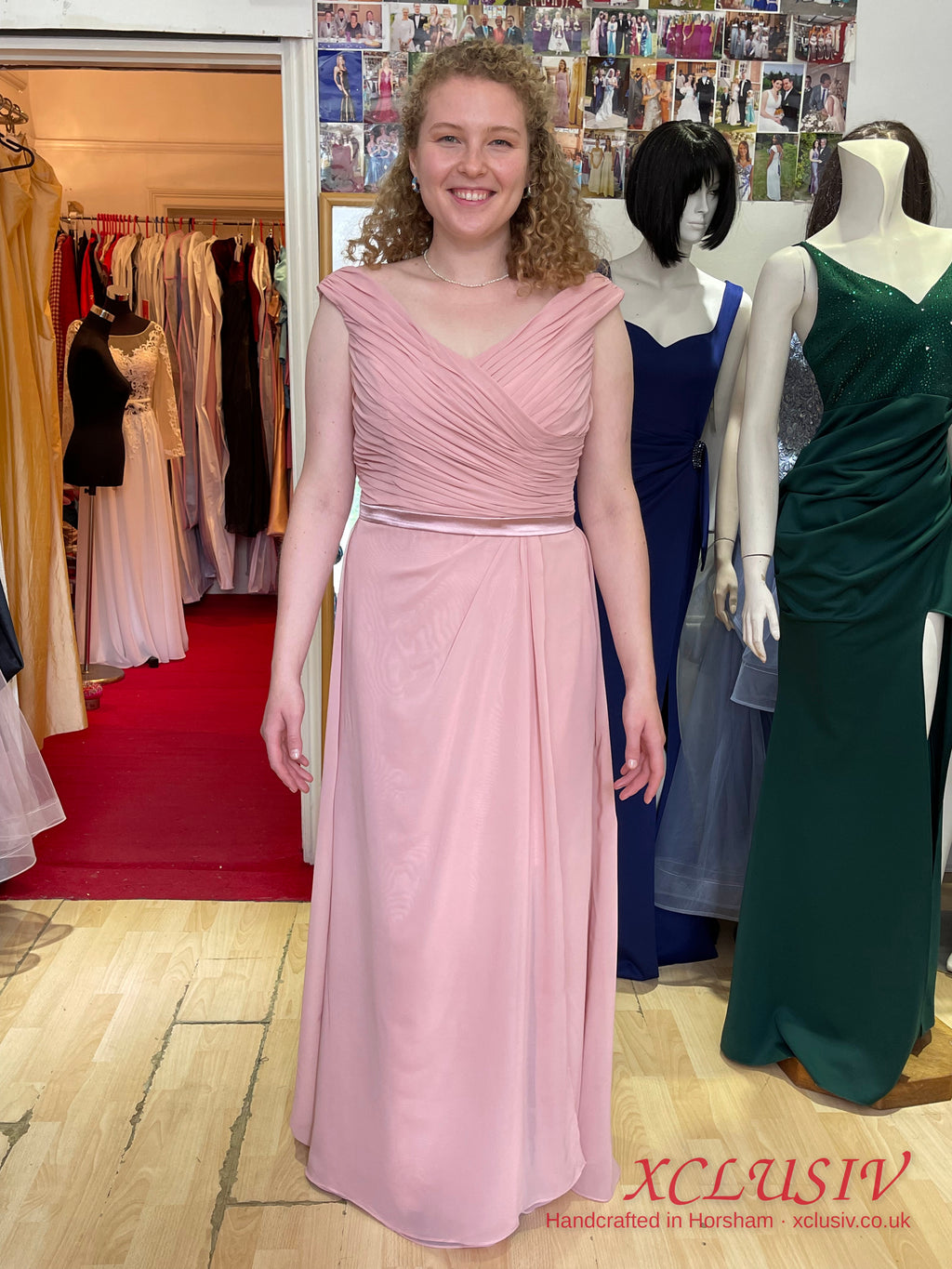 Dusty Pink Chiffon Bardot Lace-Up Back Bridesmaid Dress – XCLUSIV Horsham (view 6)