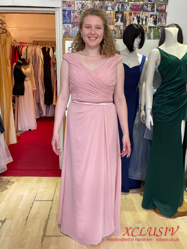 Dusty Pink Chiffon Bardot Lace-Up Back Bridesmaid Dress – XCLUSIV Horsham (view 6)