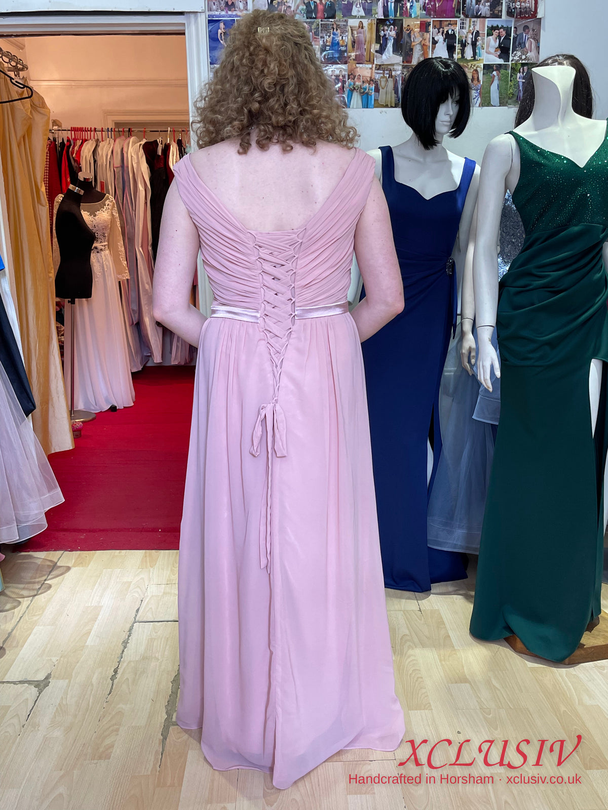 Dusty Pink Chiffon Bardot Lace-Up Back Bridesmaid Dress – XCLUSIV Horsham (view 7)