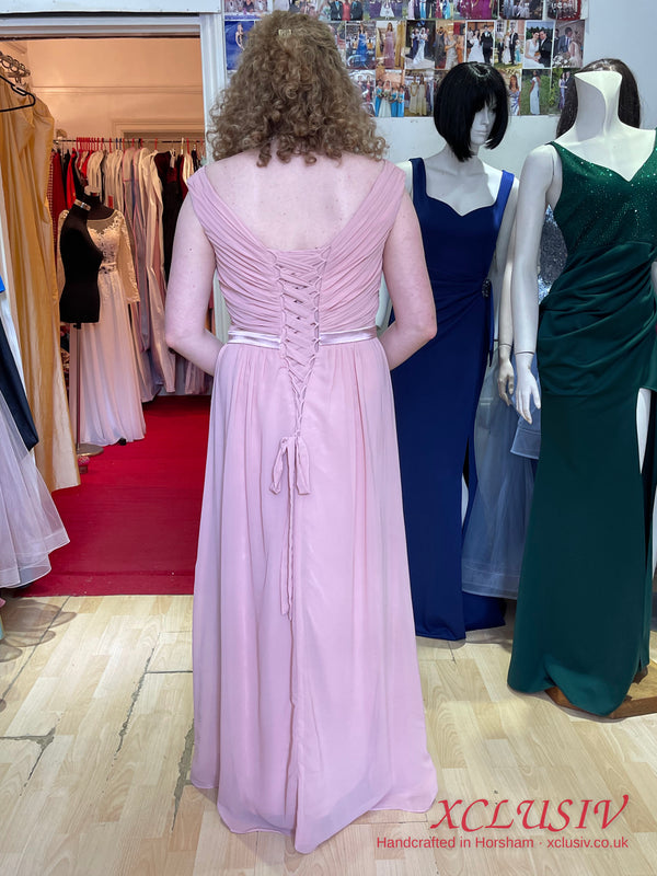 Dusty Pink Chiffon Bardot Lace-Up Back Bridesmaid Dress – XCLUSIV Horsham (view 7)