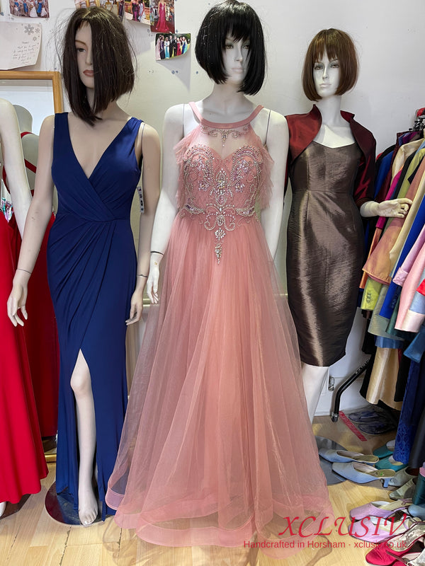 Dusty Pink Tulle Beaded Halter Prom Dress – XCLUSIV Horsham (view 2)