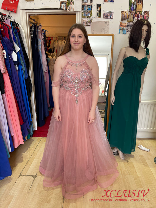 Dusty Pink Tulle Beaded Halter Prom Dress – XCLUSIV Horsham (view 6)