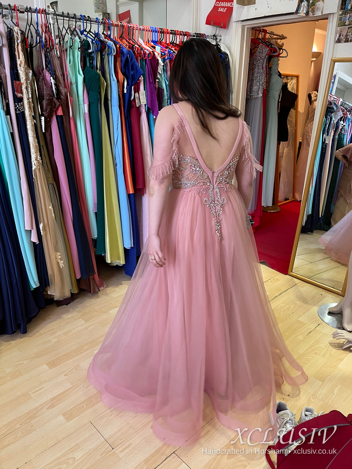 Dusty Pink Tulle Beaded Halter Prom Dress – XCLUSIV Horsham (view 9)