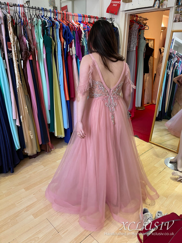 Dusty Pink Tulle Beaded Halter Prom Dress – XCLUSIV Horsham (view 9)