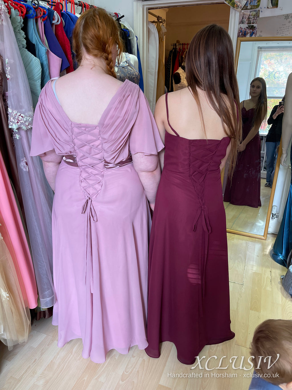 Dusty Rose & Burgundy Chiffon Bridesmaid Dresses with Faux Fur Stoles – XCLUSIV Horsham (view 3)