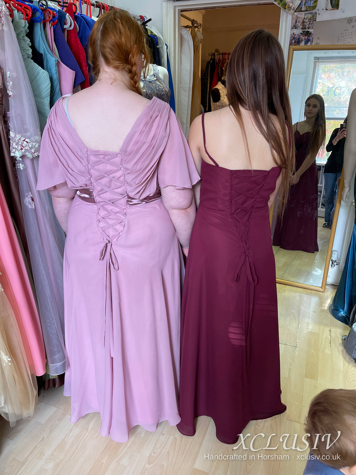 Dusty Rose & Burgundy Chiffon Bridesmaid Dresses with Faux Fur Stoles – XCLUSIV Horsham (view 3)