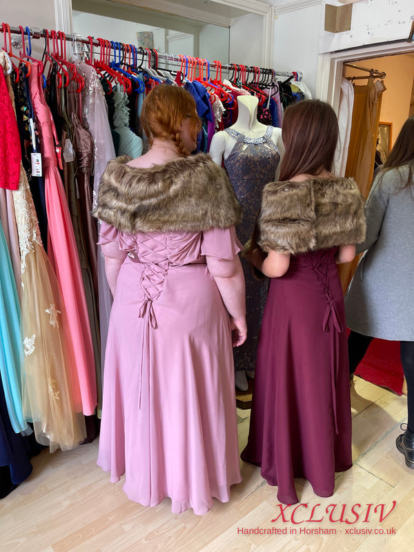 Dusty Rose & Burgundy Chiffon Bridesmaid Dresses with Faux Fur Stoles – XCLUSIV Horsham (view 4)