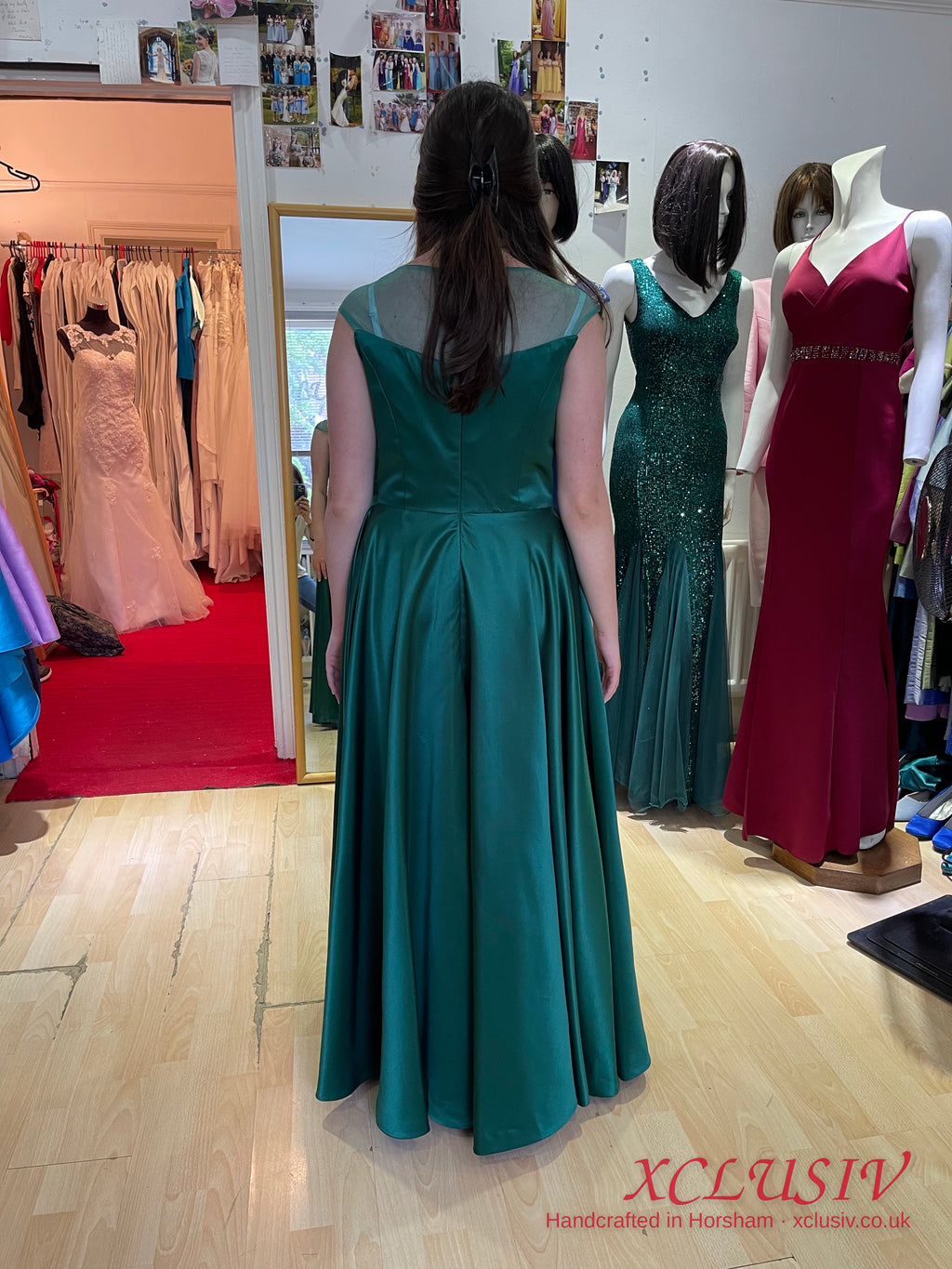 Emerald Satin Illusion-Neck A-Line Prom Dress – XCLUSIV Horsham (view 2)